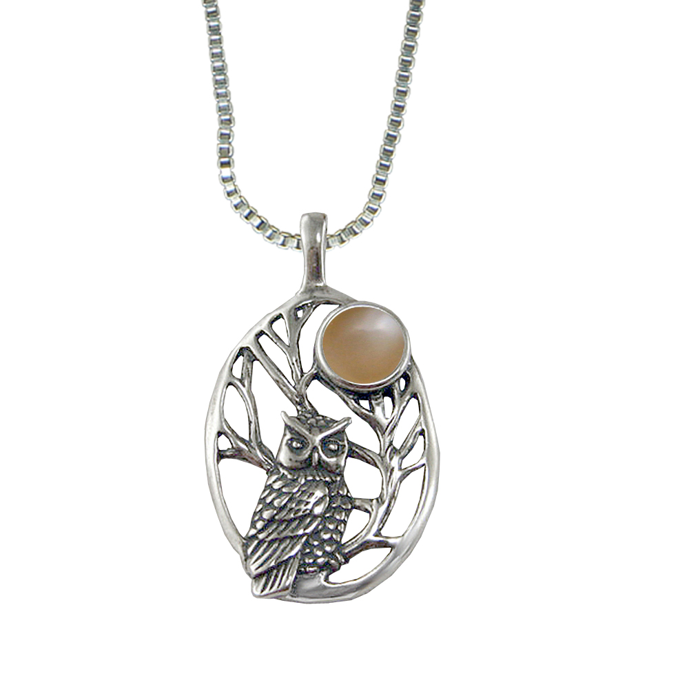 Sterling Silver Sacred Owl Pendant With Peach Moonstone